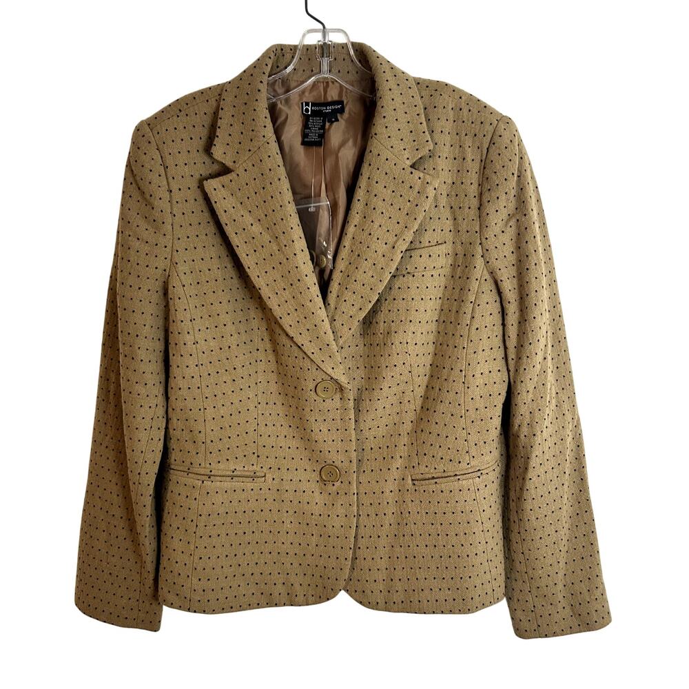 Boston Design Studio Three Button Blazer Womens Size 12 Tan Black Polka Dot NWOT